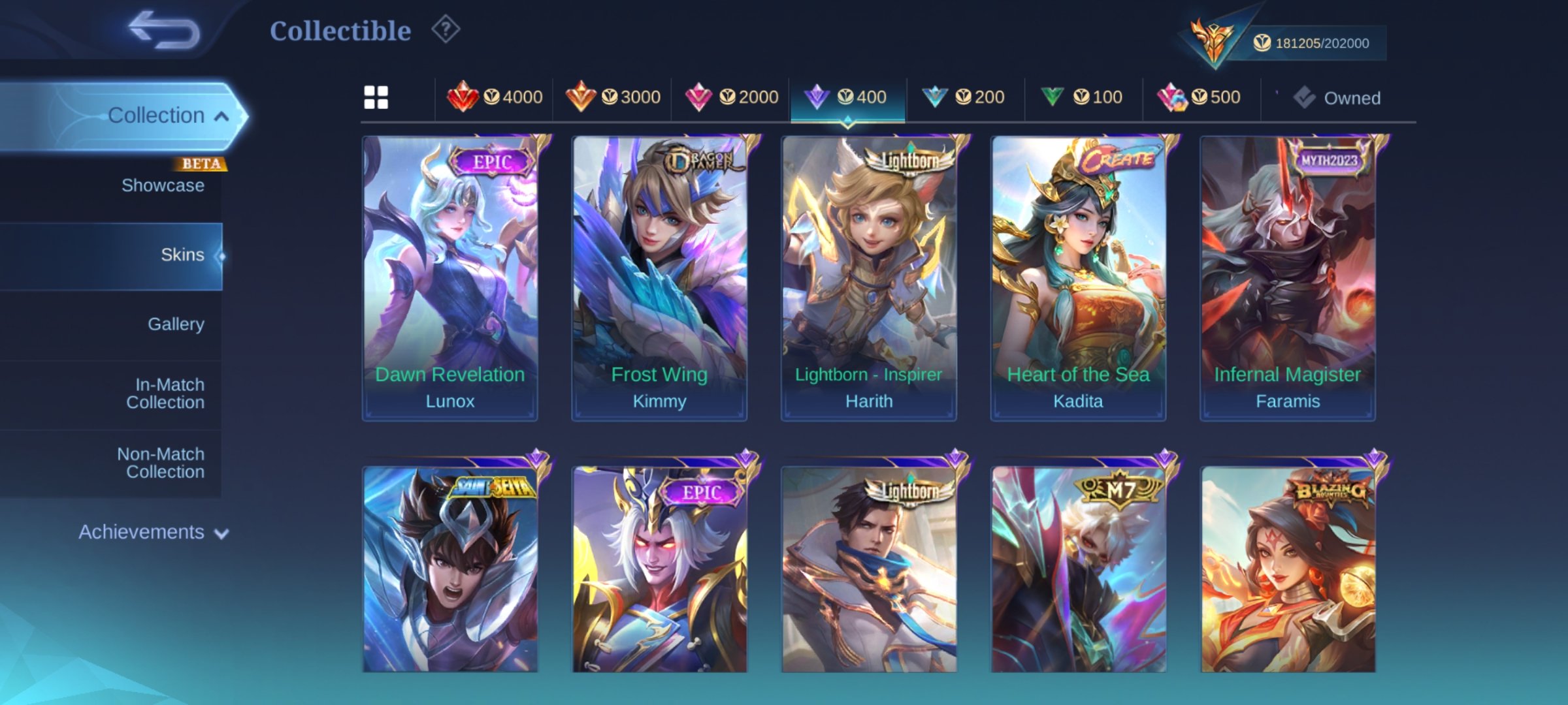 Mega Collector- Lesley legend, Aspirant, Zenith, Kof, Ducati, Allstars Hanabi, Sale, Rank: Mythic, Level: 85, Winrate: 50%, Heroes: 132, Skins: 437