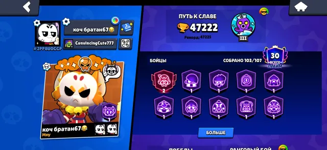 Brawl Stars 🔥 47k trophies 🏆 103/107 brawlers, maximum 51,870 trophies 💪, 47,222 trophies, 103 brawlers, 30 primes