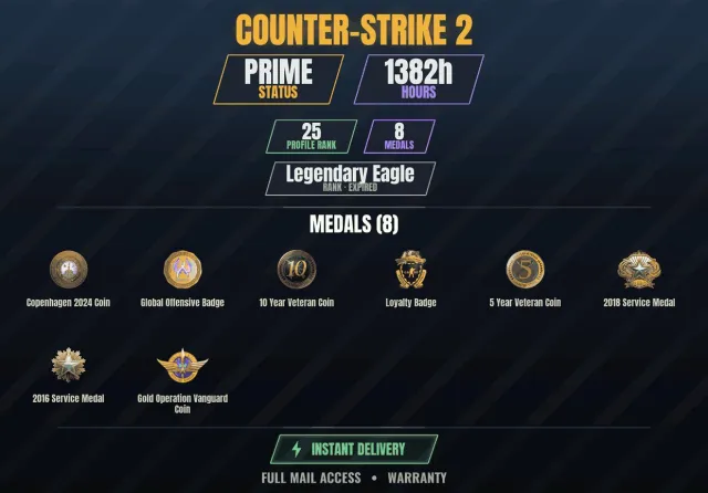 【CS2 Prime🎮1300h💠8 medals】 Golden coin of the Vanguard operation, 10-year veteran coin, Service medal, Sale, Inventory empty, Has PRIME