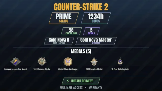 CS2 Prime🎯1200h👑5 medals | 10 Year Anniversary Coin, Service Medal 2023, Service Medal, Sale, With inventory, Has PRIME