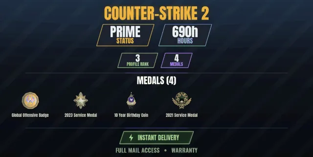 【CS2 Prime👑690ч✨4 медалей】 Ювілейна монета 10 років, Медаль за службу 2021, Медаль за службу, Продаж, З інвентарем, Є PRIME