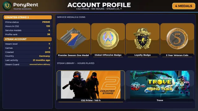 🦄 「CS2 PRIME」 +4 RARE MEDALS: PREMIER S1 · GO · LOYALTY ♡ 2015 ♡ FULL ACCESS 🌸 #4DKTMX, Sale, Inventory empty, PRIME available