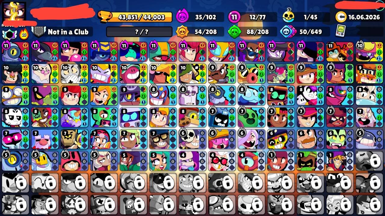 🗯📌43,851🏆🌟77/103👤35 HYPER12 11 POWER🪙188 SKINS ~ 15,542 GEMS💠24 TITLES💮1 BUFF🌀USERNAME CHANGE 120, trophies 43851, brawlers 77, primes 19
