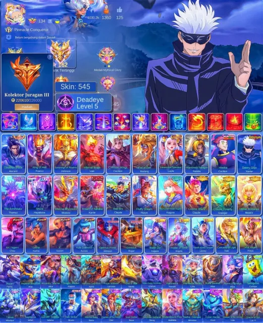 🔥4 LEG🔥🔴HxX Sisya-JJK Xavier 🔴KISHIN KERRY⭐️CALL SISYA/LEILA +2⭐️💎11:11 HAYABA-STAR MOSKOV💎, Sale, Rank: Epic, Level: 76, Winrate: 50%, Heroes: 133, Skins: 545