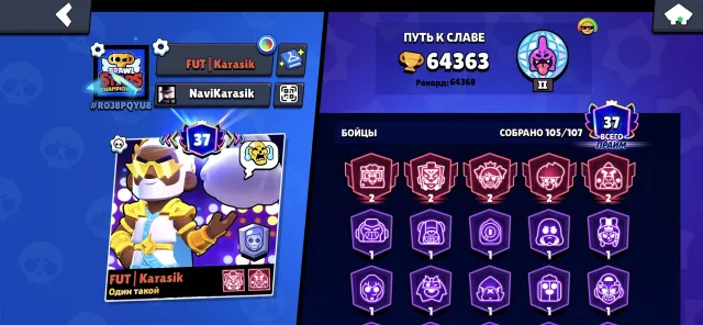 Old Account, three Brawl Passes purchased, many Old skins and collaboration skins, 64363 trophies, 105 brawlers, 37 primes