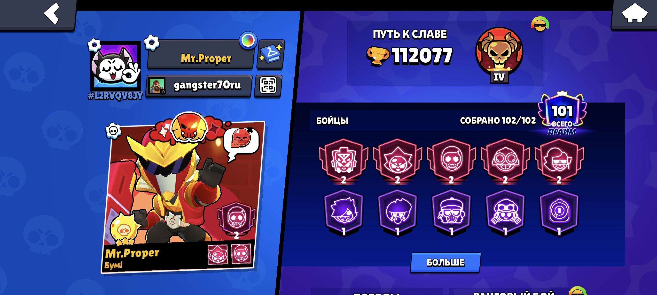 Akkaunt bs, trophies 122000, brawlers 104, primes 114