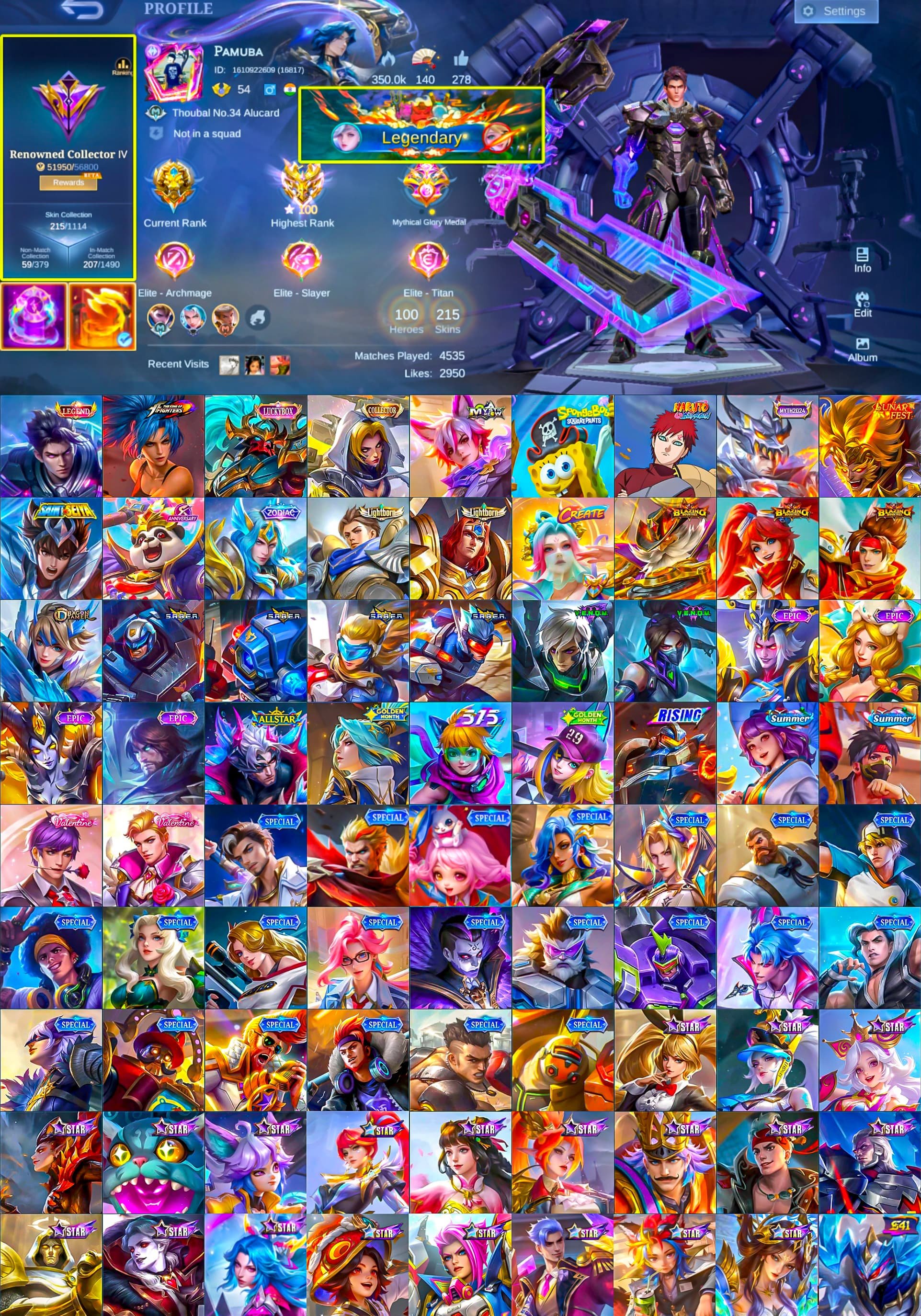Legend Alucard, Luckybox Alpha, Meowkin Julian, SpongeBob Cyclops, Global 🔥, Sale, Rank: Mythical Immortal, Level: 84, Winrate: 51%, Heroes: 100, Skins: 215