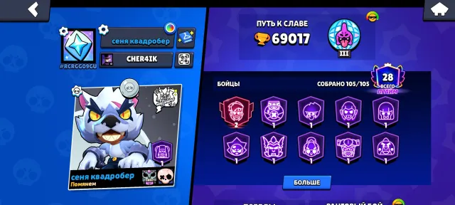 Account, details in DMs. 69k trophies, 69000 trophies, 105 brawlers, 28 primes