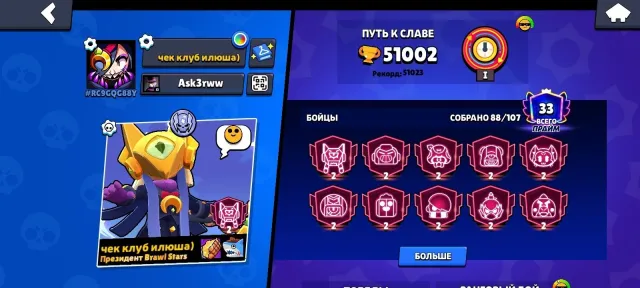 Top, 51000 trophies, 88 brawlers, 33 primes