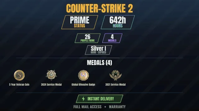 【CS2 Prime💠642h💎4 medals】 Service Medal 2021, Service Medal 2024, Veteran Coin 5, Sale, With inventory, Has PRIME