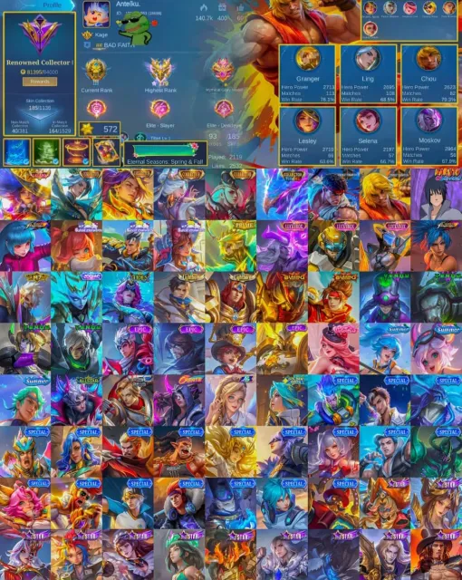👑 Lesley Legend⚔️ Ling 🔥arlord 🔥Alice 🔥Helcurt 🕊️Lesley collector 🥊 Chou Ken 🔥 Paquito Ryu 🥷 Sasuke, Продажа, Ранг: Мифический Бессмертный, Уровень: 36, Процент побед: 70%, Герои: 93, Облики: 185