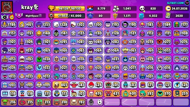 98K cups, 80 primes. 104/104 fighters, year 2020. A bunch of old skins, trophies 98128, brawlers 104, primes 80