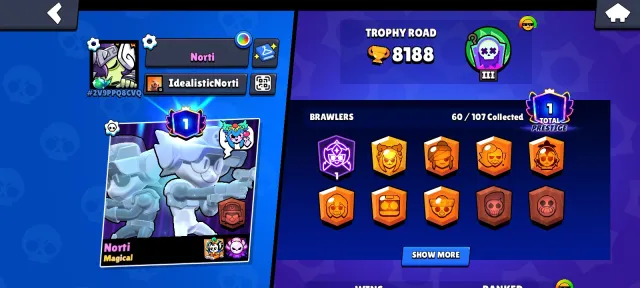 Small good account, 8200 trophies, 60 brawlers, 1 prime