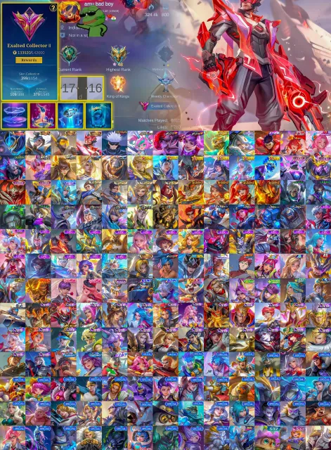 🔥 Exalted 2 ✨ Gusion Legend ✨ Ling ✨ Miya ✨ Clint Collector ✨ Xavier Gojo ✨ Chou KOF, Продажа, Ранг: Мифический Бессмертный, Уровень: 94, Процент побед: 70%, Герои: 133, Облики: 400