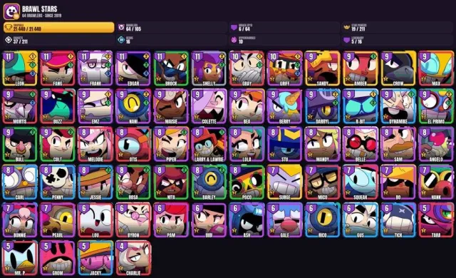 64 brawlers 👑 89 OLD OG skins 👑 6 maxed 🏆 🎮 10 hyper 👑 21.4K, 21440 trophies, 64 brawlers
