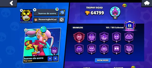 Personal, old account, 53 Primes, good leveling, tons of skins, trophies 64799, brawlers 105, primes 53