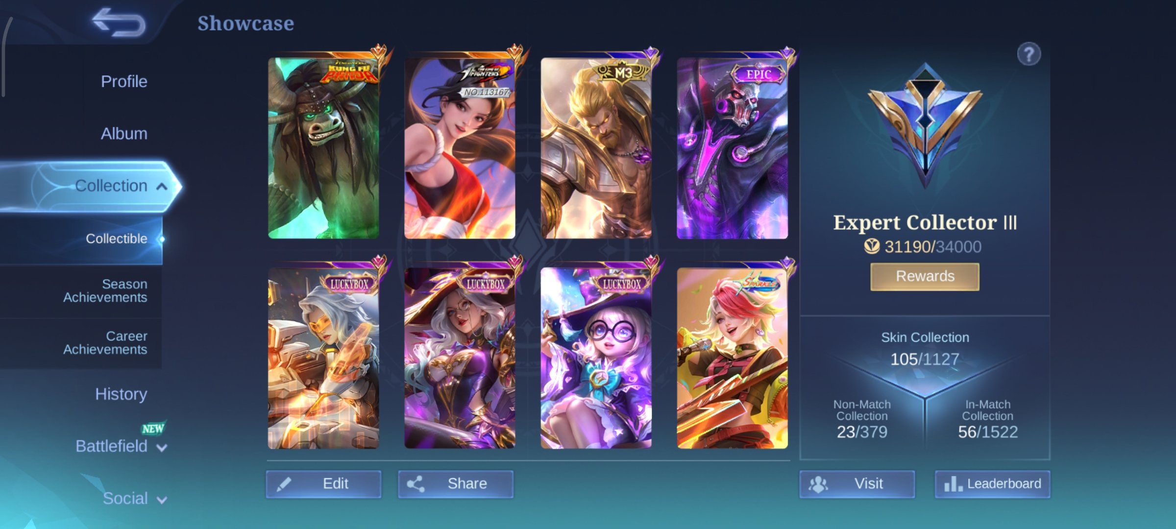 M3 Roger, Kung Fu Thamuz, KOF Masha, Sale, Rank: Grandmaster, Level: 23, Winrate: 64%, Heroes: 49, Skins: 105