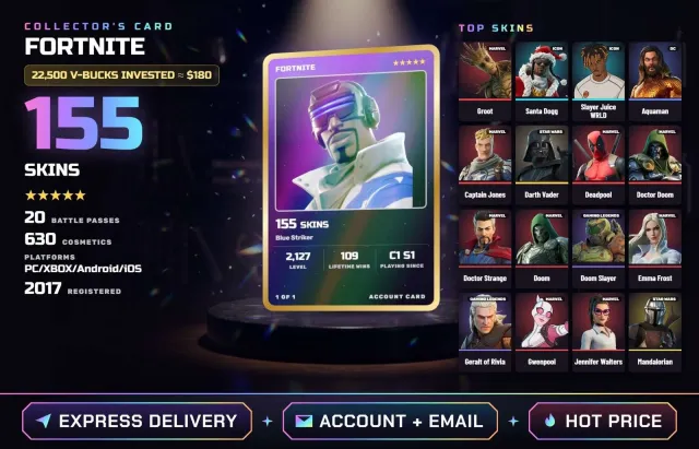 🦙 PC • XBOX • ANDROID • IOS ✦ Level 2127 • 155 Skins ✦ Blue Fighter, Groot, Santa Dogg, Sale, skins 155