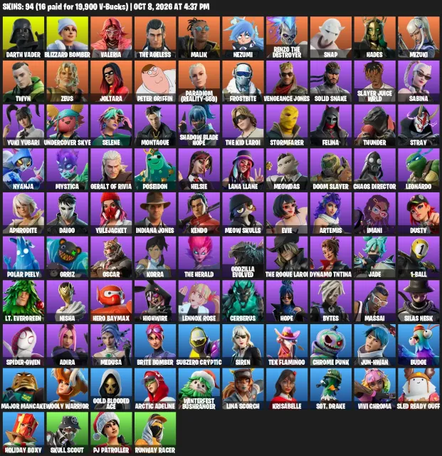 94 skins · 16 payants ≈ 19 900 V-Bucks, Vente, skins 94