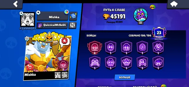 Great account for playing, almost all brawlers full, 45000 trophies, 106 brawlers, 21 primes