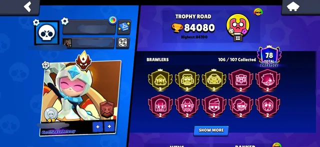 CHECK DESCRIPTION 3 3 PRIME, 84080 trophies, 106 brawlers, 78 primes