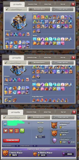 TH18➤98% Maxed➤281 XP➤Legend 3➤16 Epics Max➤5 Heroes Max➤King Left➤Majestic Set➤41 Skins➤10 Scenery, 18 TH Родной Деревни, 10 TH Строителя