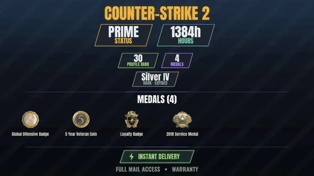 CS2 Prime🎯1300h👑4 medals Medal for Service 2018, Loyalty Badge, 5 Year Veteran Coin, Global, Sale, With inventory, Has PRIME