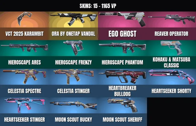 15 sk 🎮 1 Bıçak🔥Vandal "ora OneTap"🔥Karambit "vct 2025"🔥Ghost "Ego"🔥Operator "Biçici"🔥Hieroscape, Satış, Kalibrasyon için, Ajanlar: 4, Skinler: 15