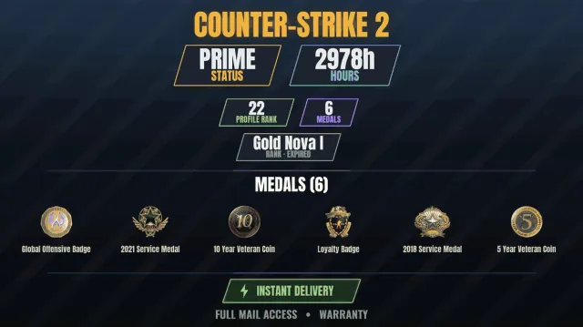 【CS2 Prime🎯2900h👑6 medals】 10-year veteran coin, Service medal 2018, Service medal, Sale, With inventory, Has PRIME