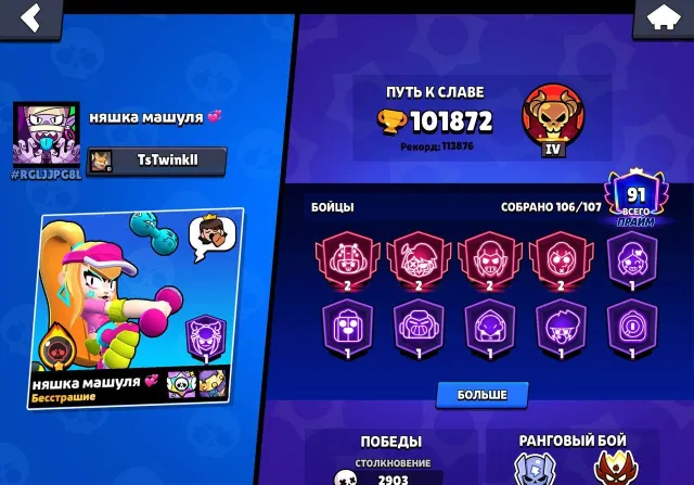 ‼️Special offer for you from a former world top ‼️🔥💞COOL ACCOUNT FOR MAIN 💞🔥, 101800 trophies, 106 brawlers, 91 primes