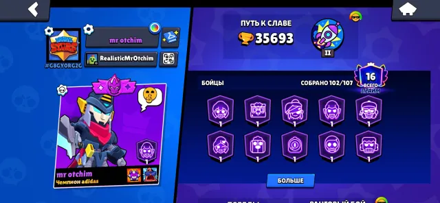 Account is quite leveled up, suitable for starting, 35000 trophies, 102 brawlers, 16 primes
