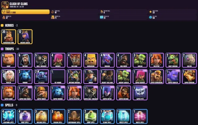 10 TH 💠 1000+ trophies 💠 6 BH 🎯 47 hero levels 💠 71 troop levels, 10 TH Home Village