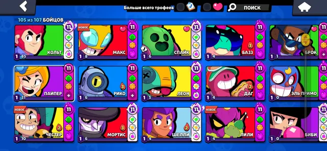 good account has good skins but few primes, 57394 trophies, 105 brawlers, 18 primes