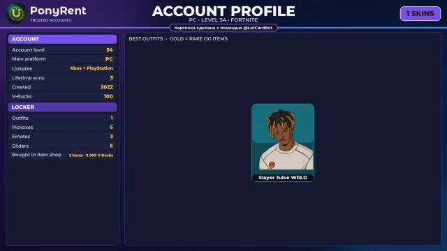 🦄 「FORTNITE」 Slayer Juice WRLD ♡ 1 skin ♡ 54 level ♡ 100 V-Bucks ♡ 24/7 BOT DELIVERY 🌸, Sale, skins 1