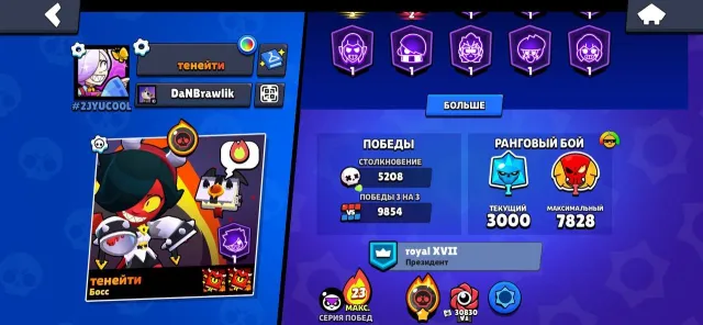 3 PRIME SHADE BP WITH BELLE, VOLT, ASH, AND GAIL, 88970 trophies, 107 brawlers, 61 primes
