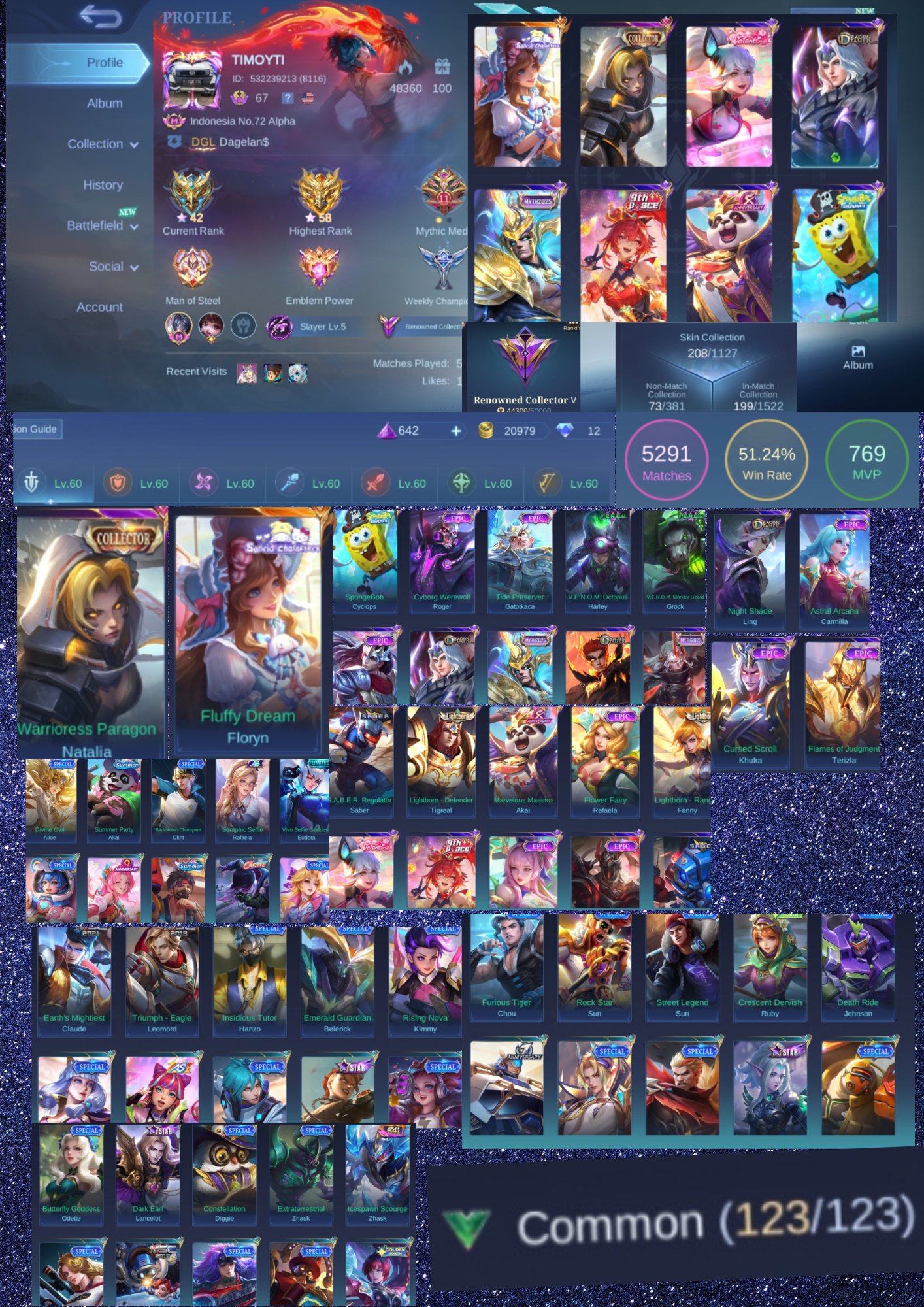 [SEA/GLOBAL] Ex-Glory 58⭐ | TOP 78 ALPHA | 208 Skins | Sanrio Floryn,Collector Natalia, Sale, Rank: Mythic, Level: 67, Winrate: 51%, Heroes: 125, Skins: 208