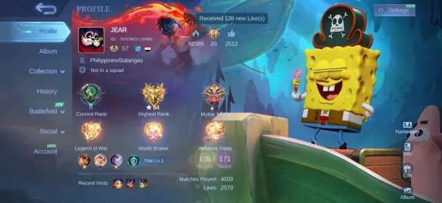 Pace Fanny✨Layla💎Epic Zilong⚡Grock💫Valir🌟Khufra💎Gara Vale✨Hylos⚡Emblem Max, Продажа, Ранг: Эпик, Уровень: 57, Процент побед: 55%, Герои: 105, Облики: 171