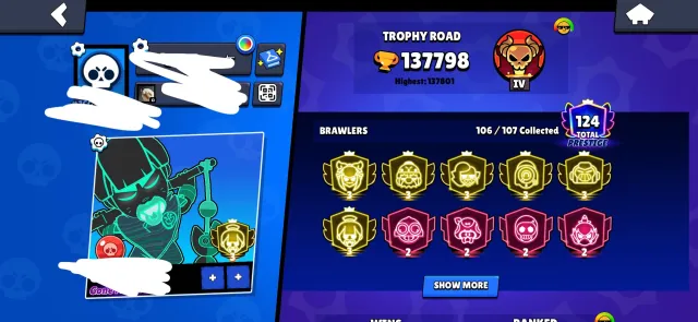 URGENTLY SELLING ACCOUNT, 137798 trophies, 106 brawlers, 124 primes