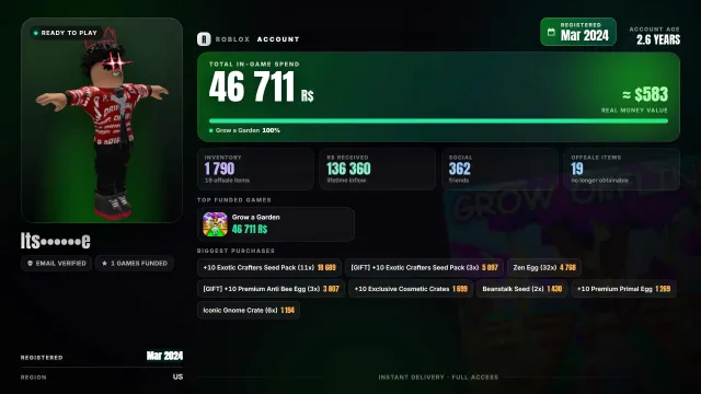 💸 Spent Robux: 136K 🗓 Reg. 2024 🧱Grow a Garden 47K 📦 Inventory: 1.8K 🔖 Offsale: 19, Sale, Voice chat: No