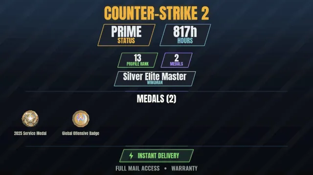 CS2 Prime🏆817h🎮2 medals Medal for Service 2025, Global Offensive Badge, Sale, Inventory empty, Has PRIME