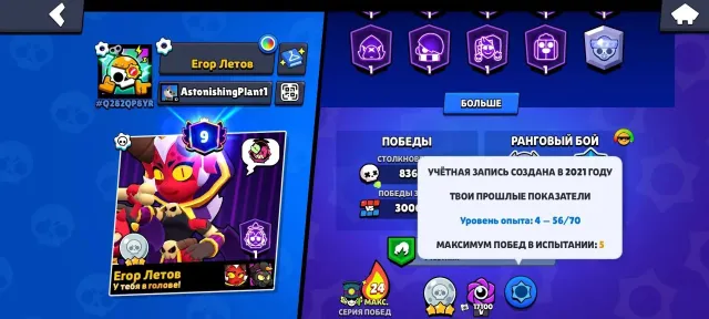 👥107 БОЙЦОВ👥💎372 ГЕМА💎🔮39К БЛИНГОВ🔮👑8 ЛЕГЕНДАРНЫХ И 9 ГИПЕРЗАРЯДНЫХ СКИНОВ 👾, 36120 кубков, 107 бравлеров, 9 праймов