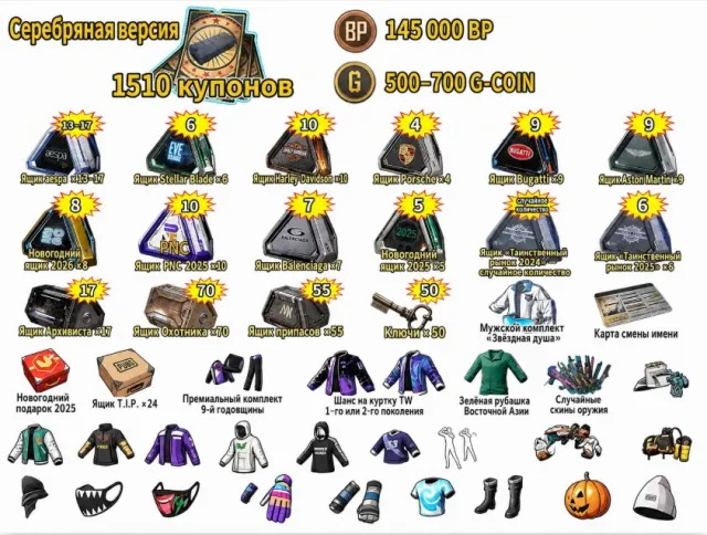 🎫1510 Coupons 📦250+ Chests 💰145,000 BP 🔑50 Keys 🎁500–700 G-Coin 👕Skins, No BATTLEGROUNDS Plus