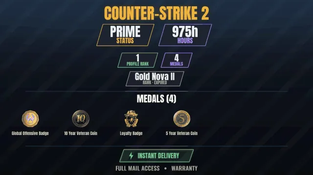【CS2 Prime💠450h💎4 medals】 10-year veteran coin, Loyalty badge, 5-year veteran coin, Global, Sale, With inventory, Has PRIME