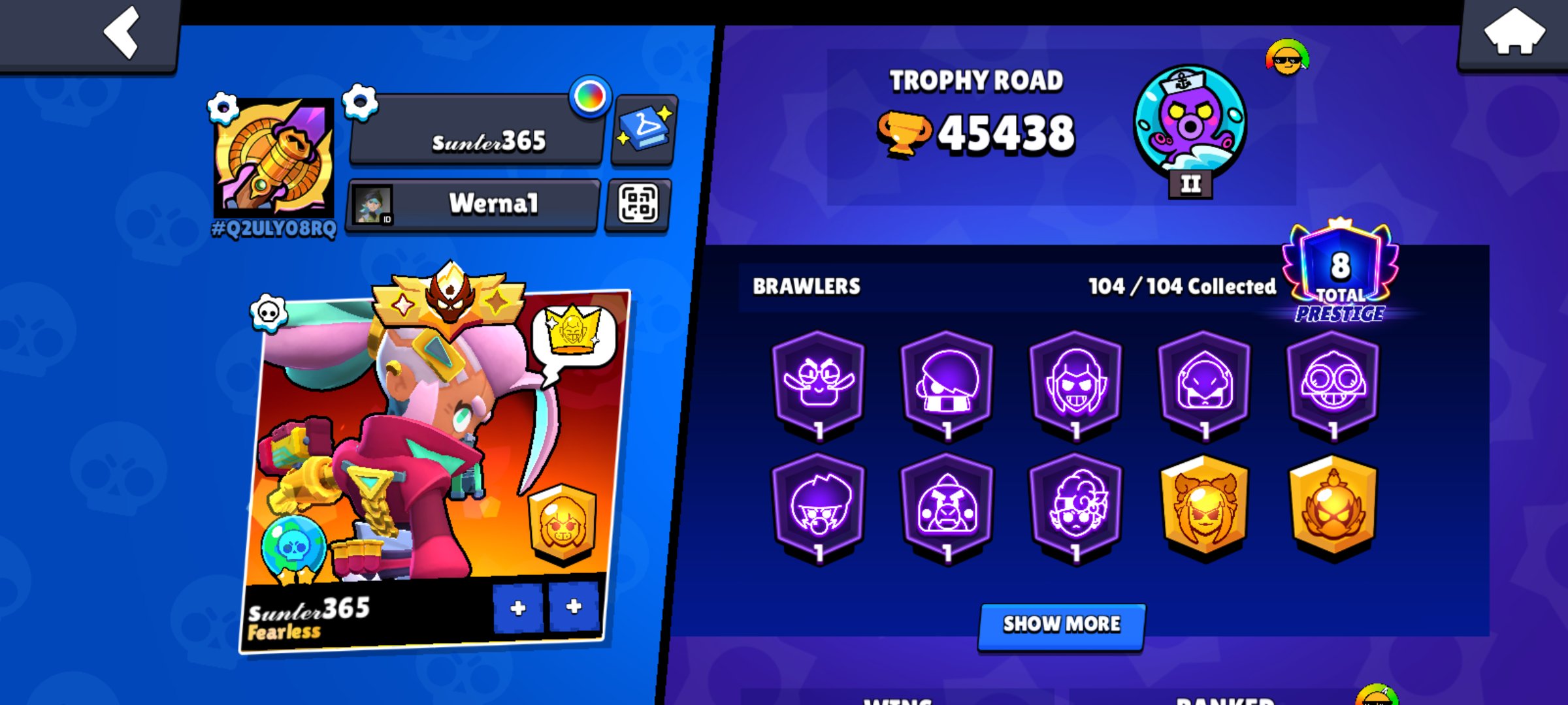 Og ranked masters 2x ,rank 30 pin, earth fame 2, trophies 45000, brawlers 104