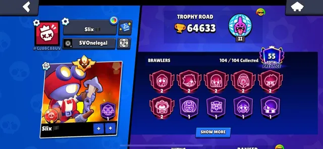 🏆64633🏆 MASTER IN 2024 / 104/104 BRAWLERS 38/104 CHARACTERS AT STRENGTH 11, trophies 64633, brawlers 104