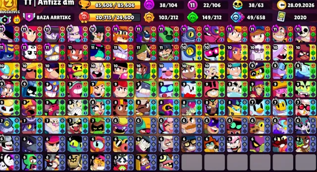 🏆85К👾106/106⭐23 11 СИЛ🏆ПИНЫ КУБКОВ👎КУБОК С ДИЗОМ⚔️СКИНЫ С ОЛД ЛИГИ🥷НИНДЗЯ ТАРА📅2020🤖АВТОВЫДАЧ, 85606 кубков, 106 бравлеров, 52 праймов
