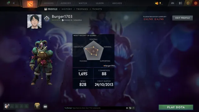 Garde 3 | 1695 matchs, Vente, 1036 MMR, 4745 intégrité, 4745 politesse, 1695 matchs, 1860 heures