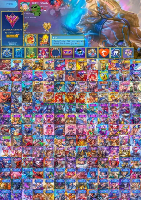 🔥 EXALTED 2 👑 Yu Zhong ⚔️ Aldous ⚡Gusion Collector 🥊 Chou Golden 🔥 Gusion Minato + 11.11 Yin AOT, Продажа, Ранг: Мифическая слава, Уровень: 67, Процент побед: 70%, Герои: 133, Облики: 398