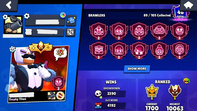 ACC 62K | 11-35 Ranks | TROPHY TITAN | 2x 2024 Master | 32-11 Powers, trophies 62200, brawlers 89, primes 46