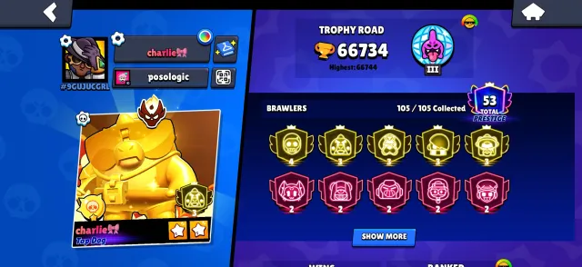 account with 4 third primes on Brock, four third primes, 1 fourth, 67000 trophies, 106 brawlers